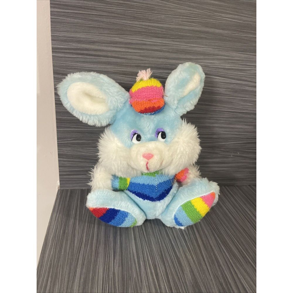 Vintage 1980s Easter Bunny Purple Rabbit Plush Toy Rainbow Hat Ears Plastic Eyes